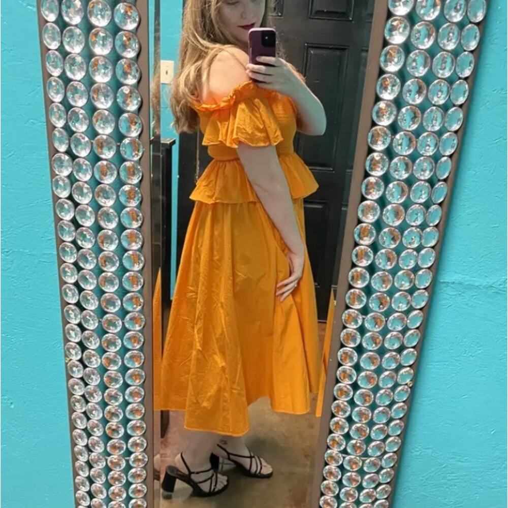 Toccin Orange Midi Dress MEDIUM Smocked Cottage Ruffle Cotton Designer $500 - Picture 6 of 11